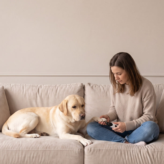 Woman sitting calmly on a sofa beside her relaxed dog