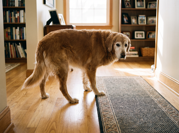 Senior golden retriever standing unsure on a polished wood floor