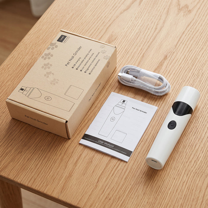 Soft Pet Paws dog nail grinder with its box and charging cable
