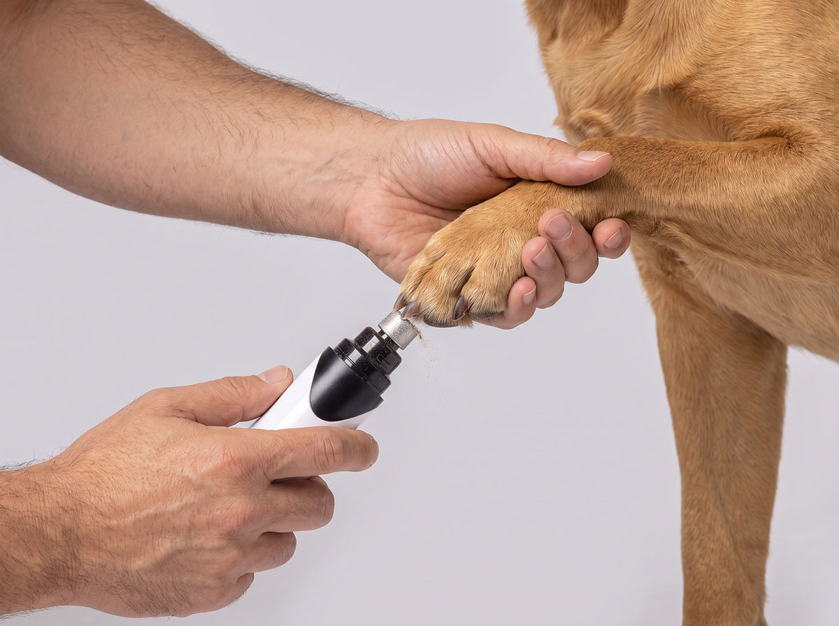 Owner holding a dog's paw and grinding one nail with a quiet nail grinder