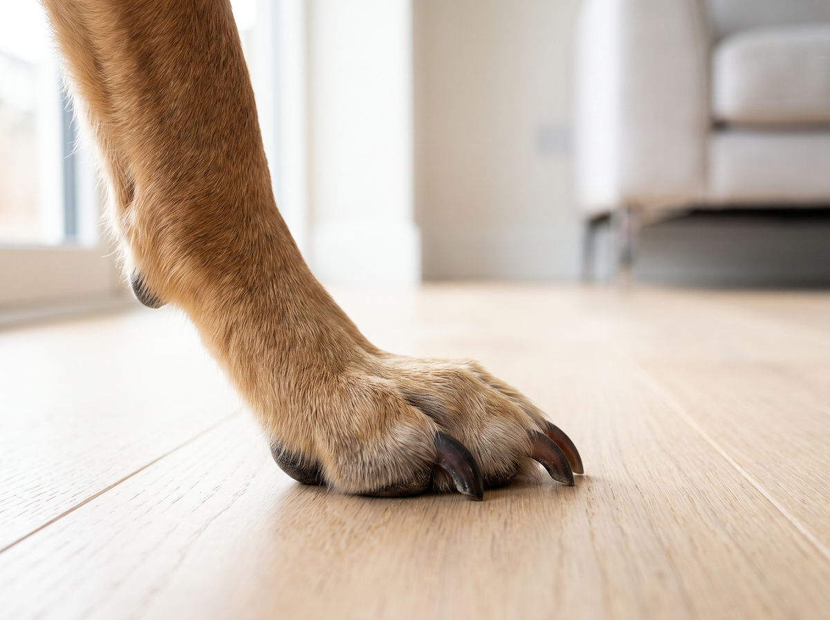 Dog's paw with nails long enough to touch a light wooden floor