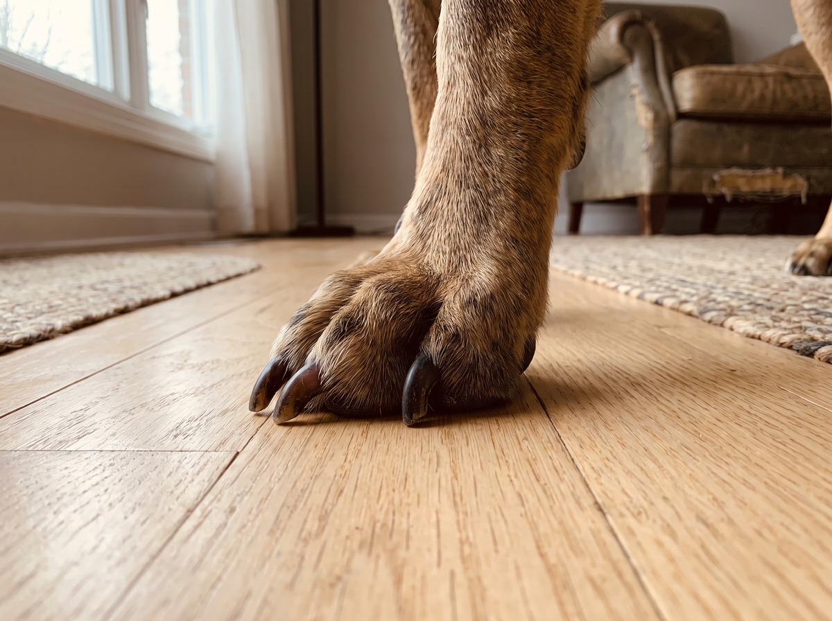 Close-up of a dog's paw with nails long enough to touch the floor